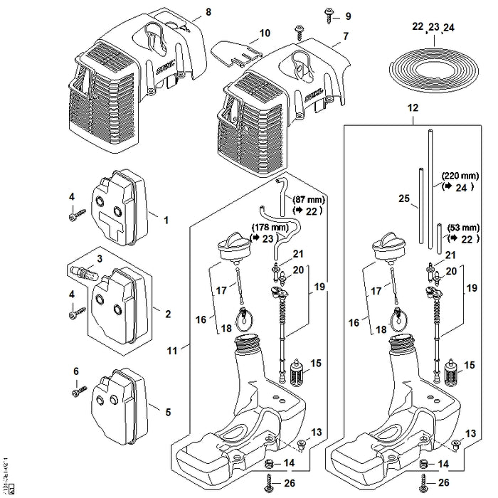 STIHL 4134-140-0613 Schalldämpfer positie 1 technische tekening