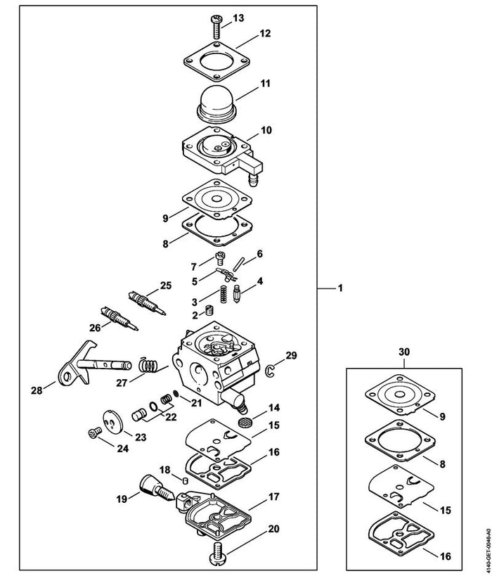 STIHL 4140-120-7104 Drosselwelle mit Hebel positie 28 technische tekening
