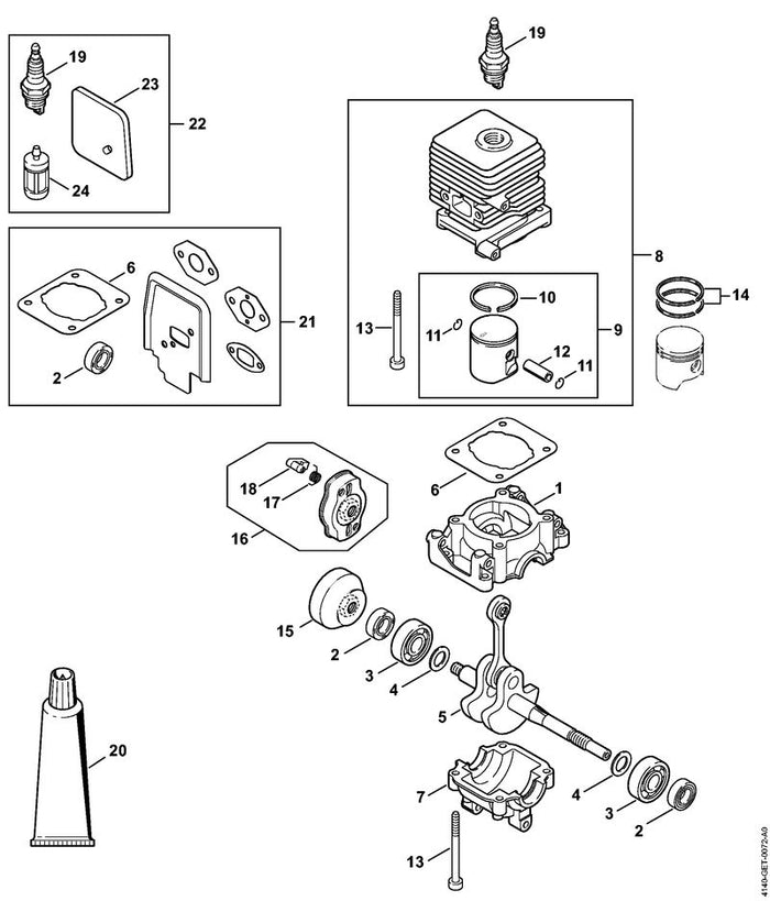 STIHL 4140-020-1204 Zylinder mit Kolben Ø 34 mm positie 8 technische tekening