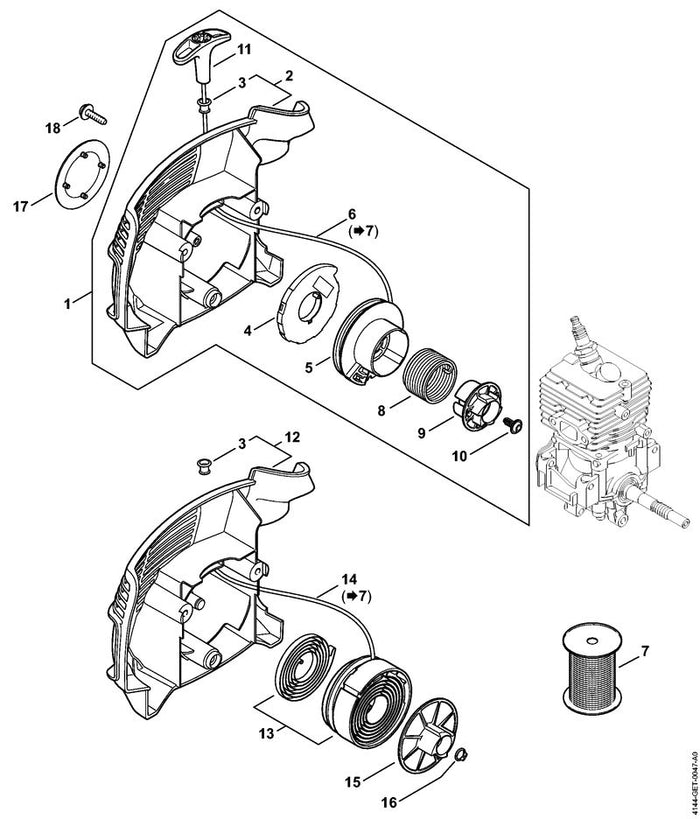 STIHL 4144-190-4014 Anwerfvorrichtung positie 1 technische tekening