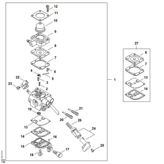 STIHL 4144-121-3501 Drosselhebel positie 22 technische tekening