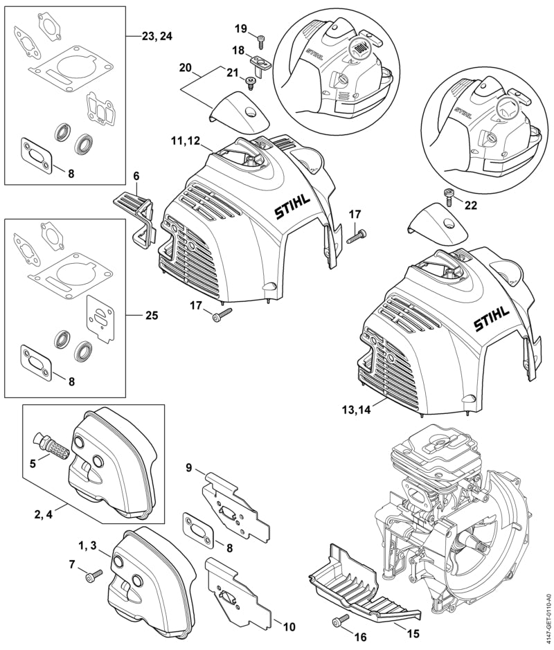 STIHL 4147-080-1601 Haube positie 14 technische tekening