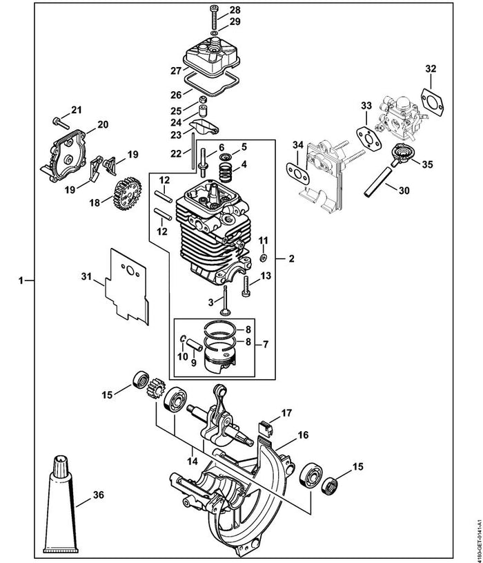 STIHL 4180-020-0200 Triebwerk Ø 40 mm positie 1 technische tekening