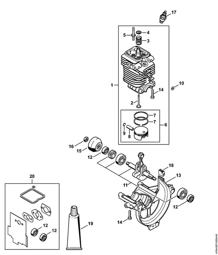 STIHL 4180-020-1207 Zylinder mit Kolben Ø 38 mm positie 1 technische tekening