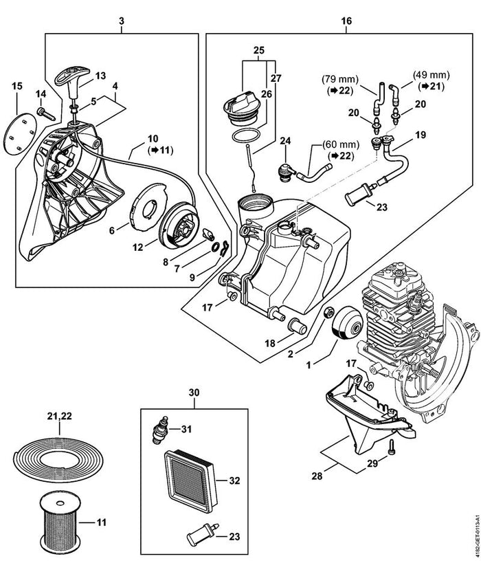 STIHL 4182-358-7701 Schlauch positie 19 technische tekening