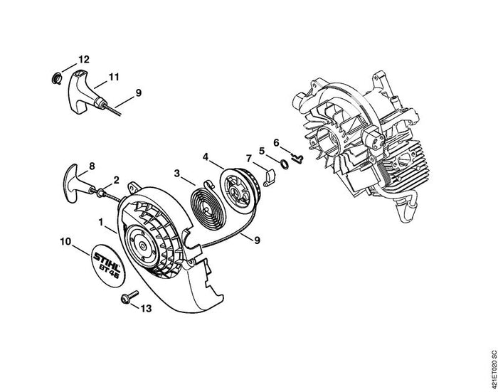 STIHL 4314-080-2100 Lüftergehäuse mit Anwerfvorrichtung positie -1 technische tekening