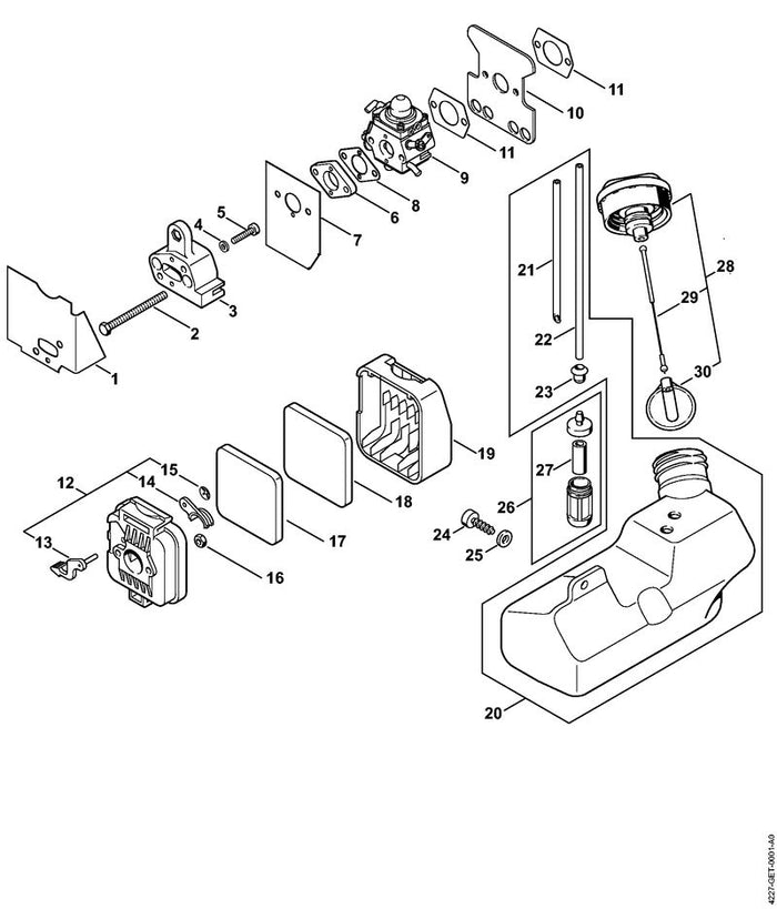STIHL 4227-120-0604 Vergaser C1Q-S47A positie 9 technische tekening