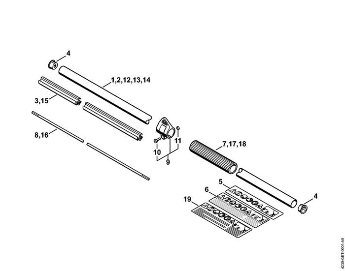 STIHL 4230-710-7101 Schaft Ø 25,4 mm positie 2 technische tekening