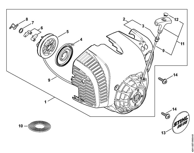 STIHL 4241-080-2110 Lüftergehäuse mit Anwerfvorrichtung positie 1 technische tekening