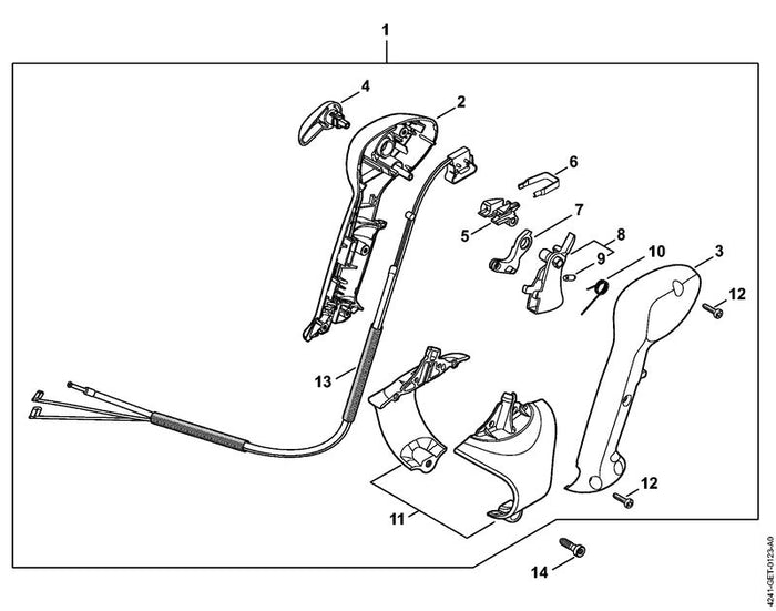 STIHL 4241-790-4900 Bedienungsgriff mit Gaszug positie 1 technische tekening