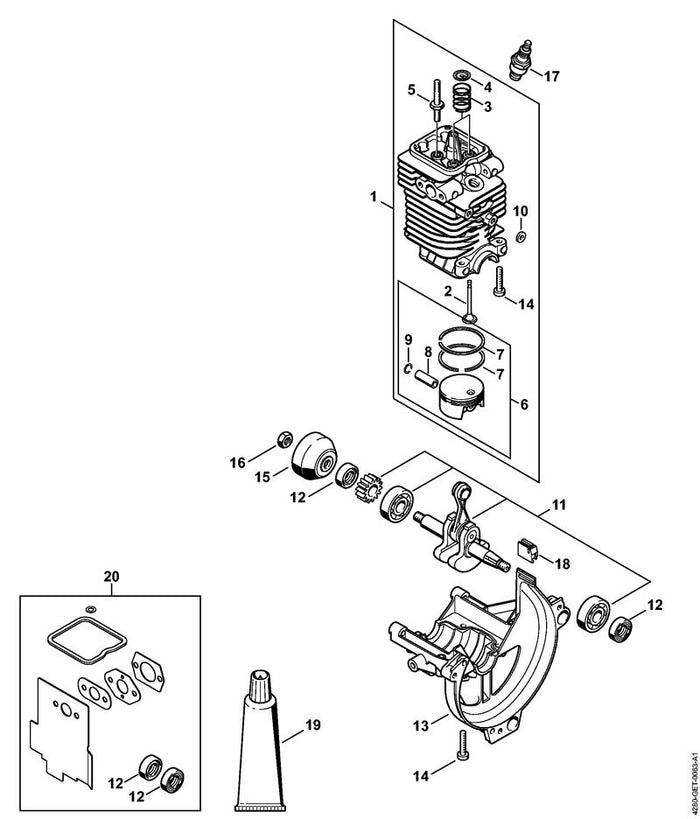 STIHL 4180-020-1205 Zylinder mit Kolben Ø 40 mm positie 1 technische tekening