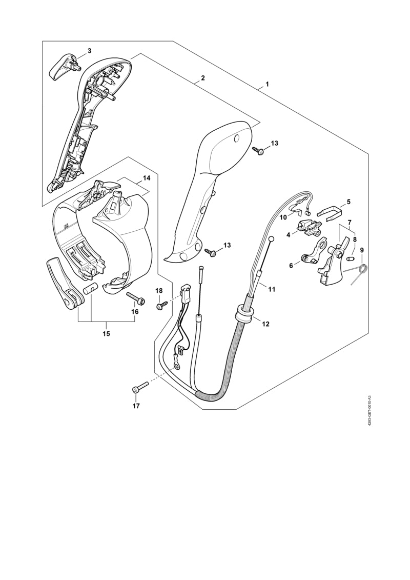STIHL 4283-790-1300 Bedienungsgriff mit Gaszug positie 1 technische tekening