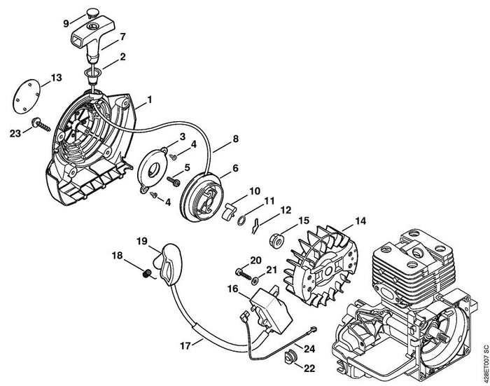 STIHL 4313-967-1503 Typenschild BT 121 positie 13 technische tekening