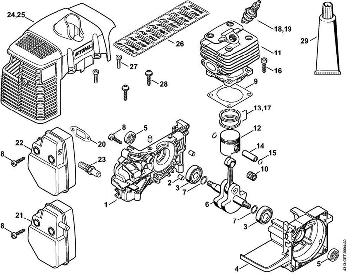 STIHL 4128-140-6900 Stutzen mit Gitter positie 23 technische tekening