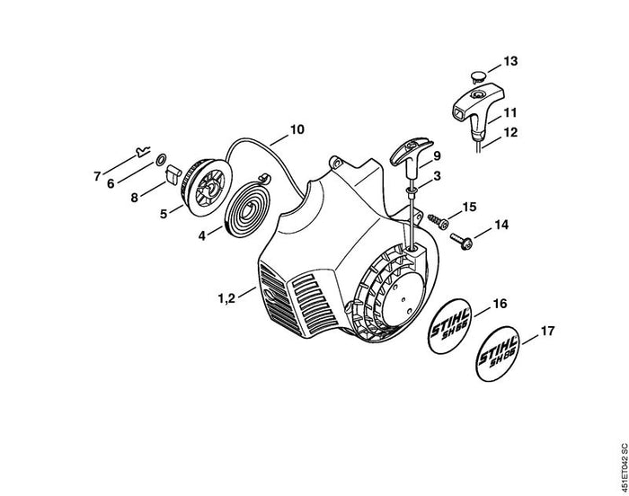 STIHL 4229-080-2102 Lüftergehäuse mit Anwerfvorrichtung positie -1 technische tekening