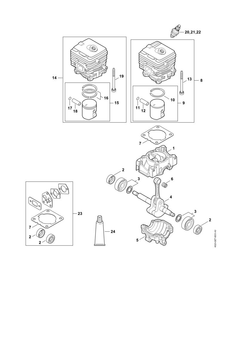 STIHL 4241-020-1202 Zylinder mit Kolben Ø 34 mm positie 14 technische tekening