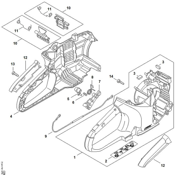 STIHL 1250-791-1004 Griffgehäuse links positie 4 technische tekening