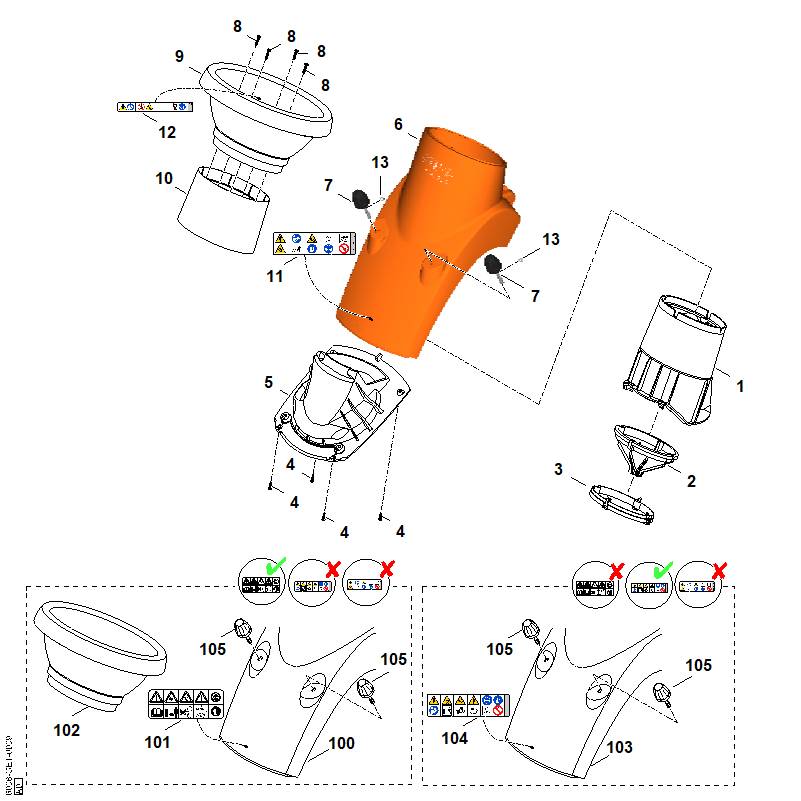 STIHL 6008-701-7907 Trichterunterteil positie 100 technische tekening