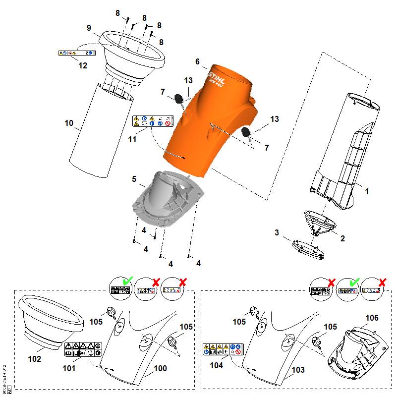 STIHL 6008-701-7912 Trichterunterteil positie 100 technische tekening