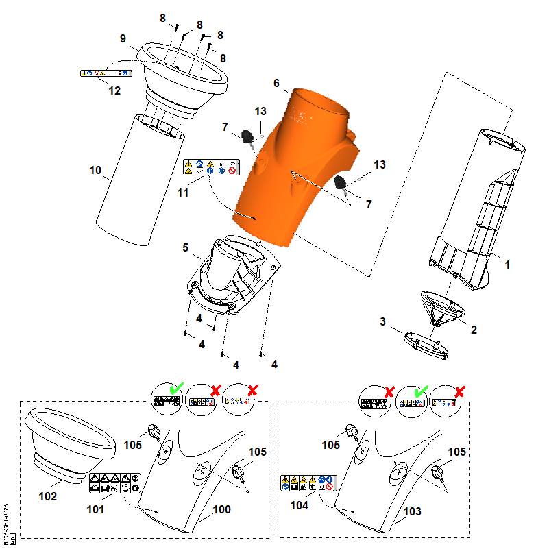 STIHL 6008-701-7932 Trichterunterteil positie 100 technische tekening