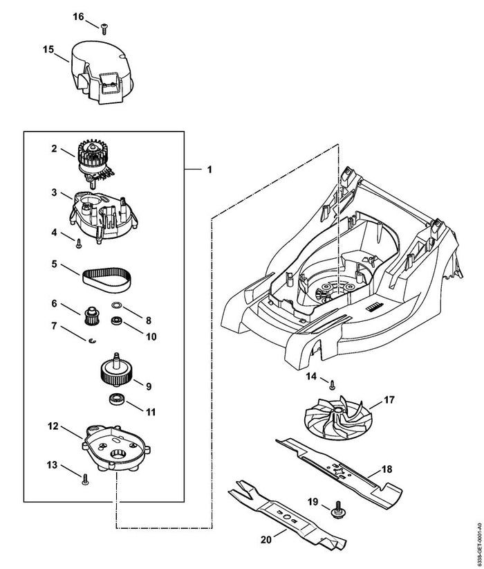STIHL 6338-600-0210 Elektromotor mit Getriebe positie 1 technische tekening