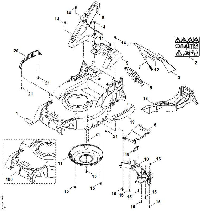 STIHL 6374-700-8501 Gehäuse positie 100 technische tekening