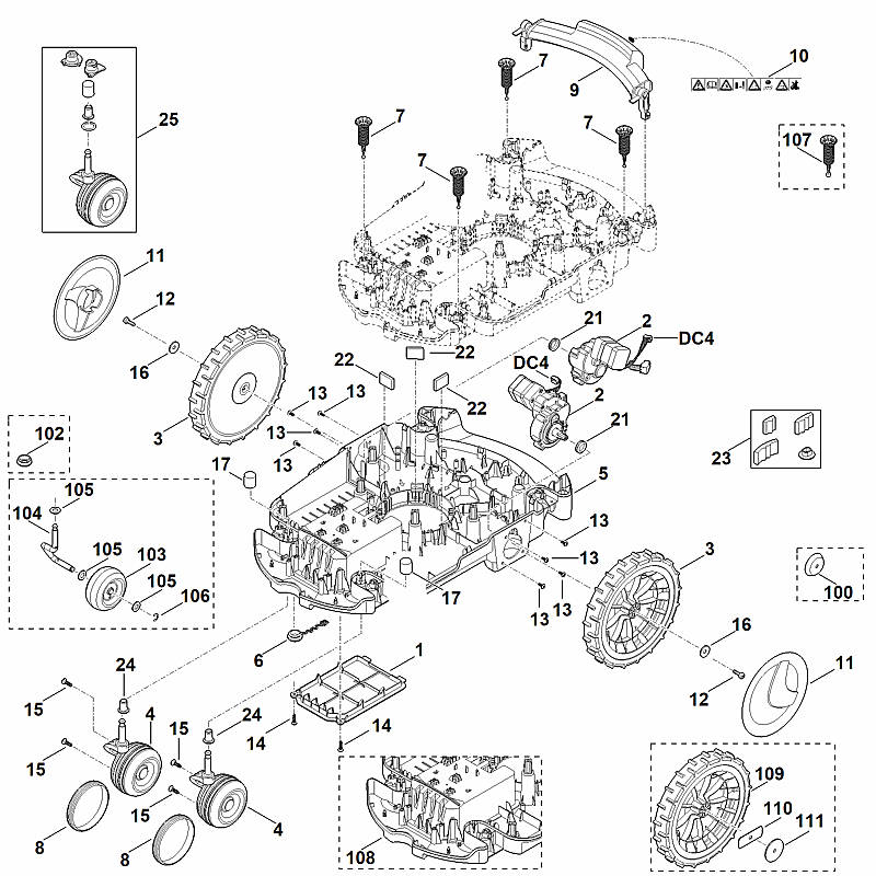 STIHL 6309-763-2700 Radachse positie 104 technische tekening
