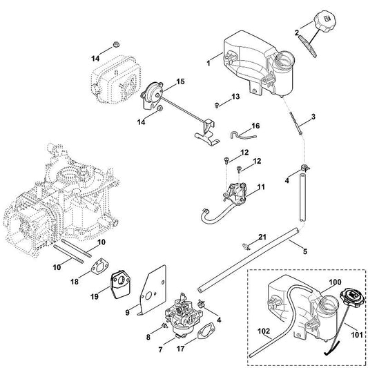 STIHL 0002-351-0500 Tankgehäuse positie 100 technische tekening