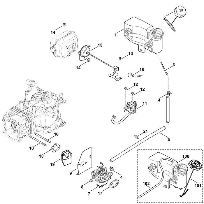 STIHL 0002-351-0500 Tankgehäuse positie 100 technische tekening