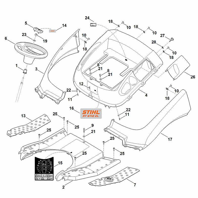 STIHL 6170-967-1501 Typenschild RT 6112 ZL positie 16 technische tekening