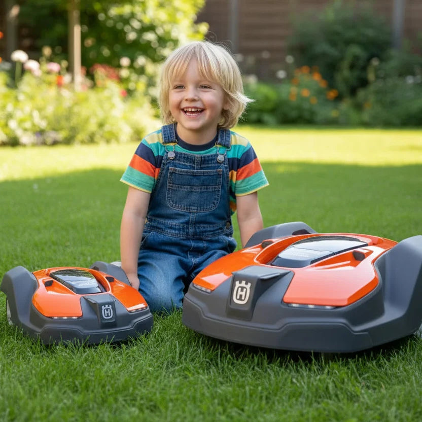 Husqvarna Spielzeug-Automower 450X neben dem echten Automower 450X