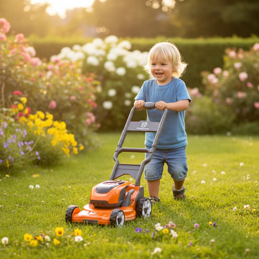 Husqvarna Spielzeug-Rasenmäher 347 iVX in Aktion mit Kleinkind im Garten