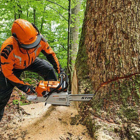 STIHL Benzin-Kettensäge MS 881 im Profi-Einsatz beim Baumfällen im Wald